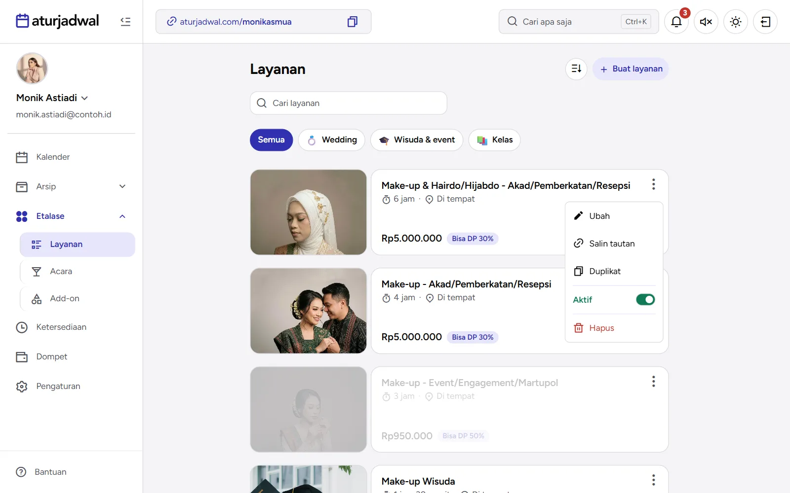 Tangkapan layar: menu kartu layanan dengan saklar Aktif, Duplikat, dan Hapus, tampilan desktop