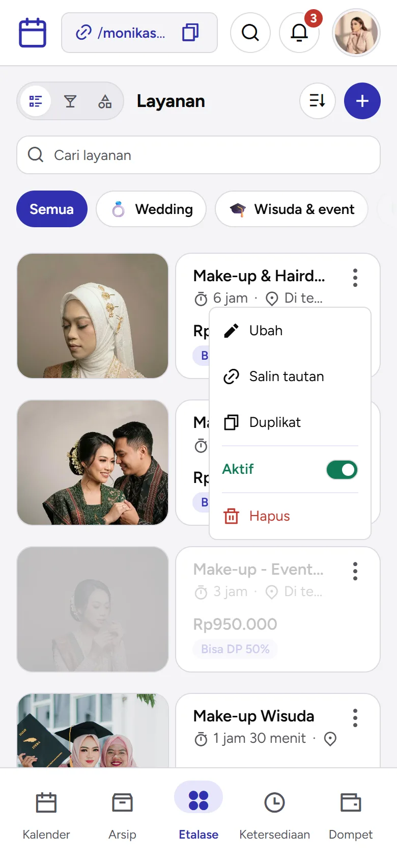 Tangkapan layar: menu kartu layanan dengan saklar Aktif, Duplikat, dan Hapus, tampilan ponsel