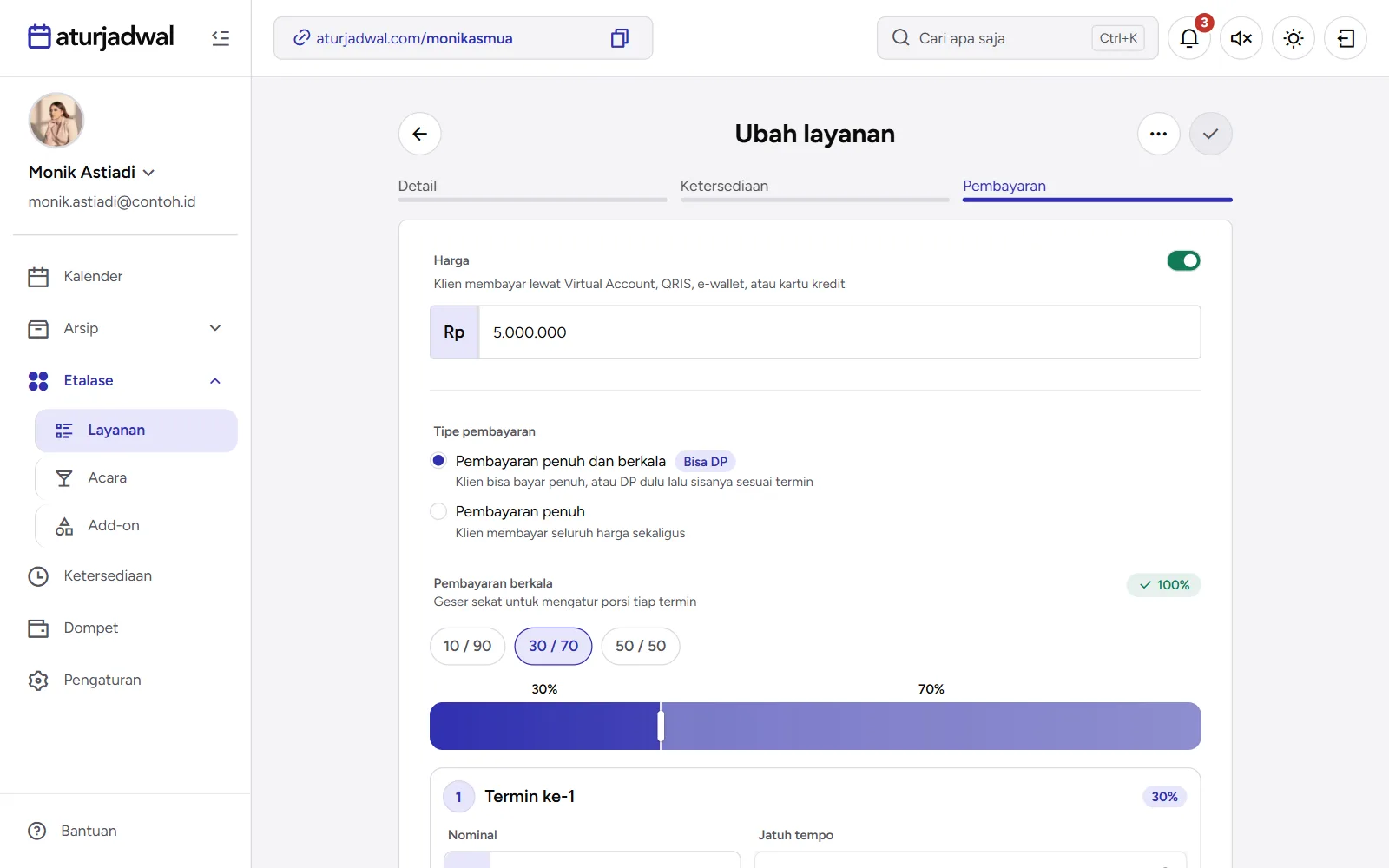Tangkapan layar: langkah Pembayaran dengan harga dan pembayaran berkala 30/70, tampilan desktop