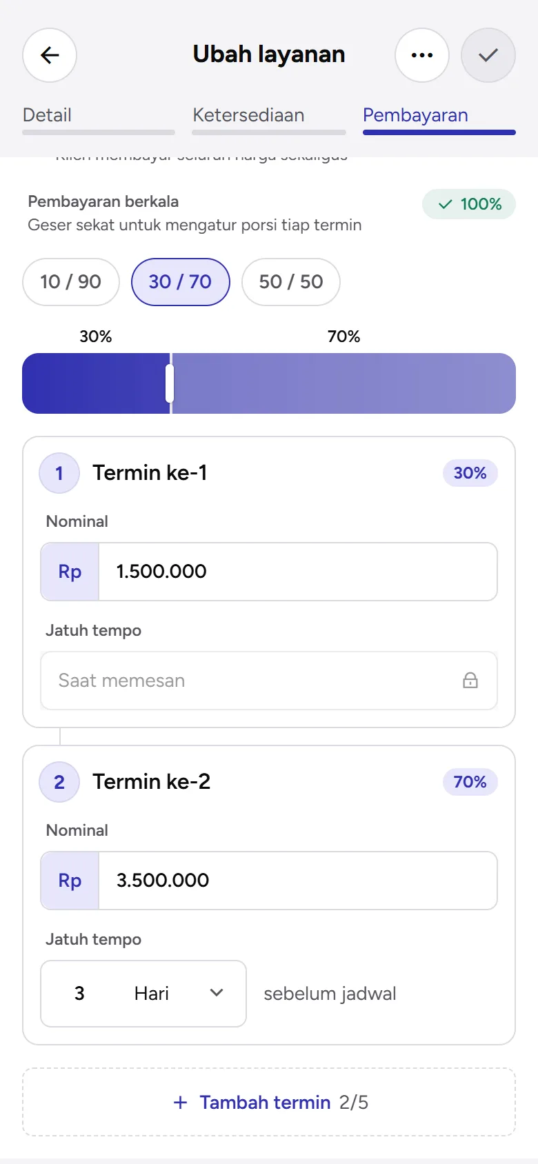 Tangkapan layar: pembayaran berkala 30/70 dengan dua termin, tampilan ponsel