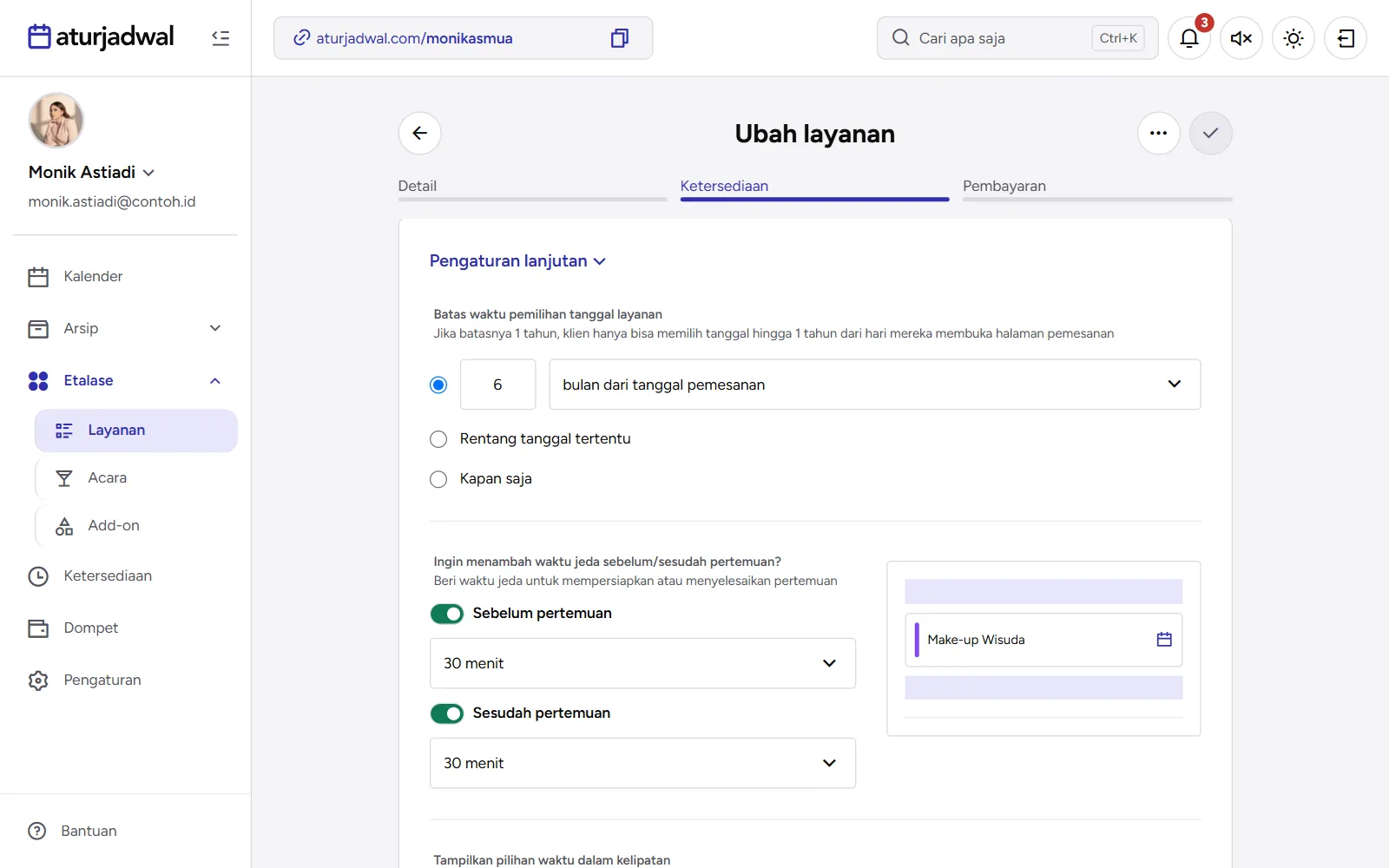 Tangkapan layar: Pengaturan lanjutan layanan dengan batas tanggal dan waktu jeda, tampilan desktop