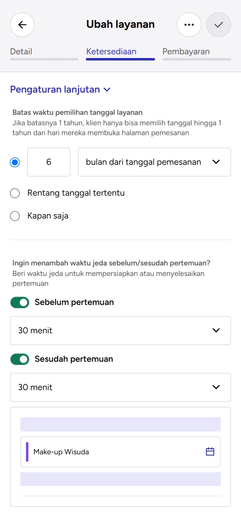 Tangkapan layar: Pengaturan lanjutan layanan dengan batas tanggal dan waktu jeda, tampilan ponsel