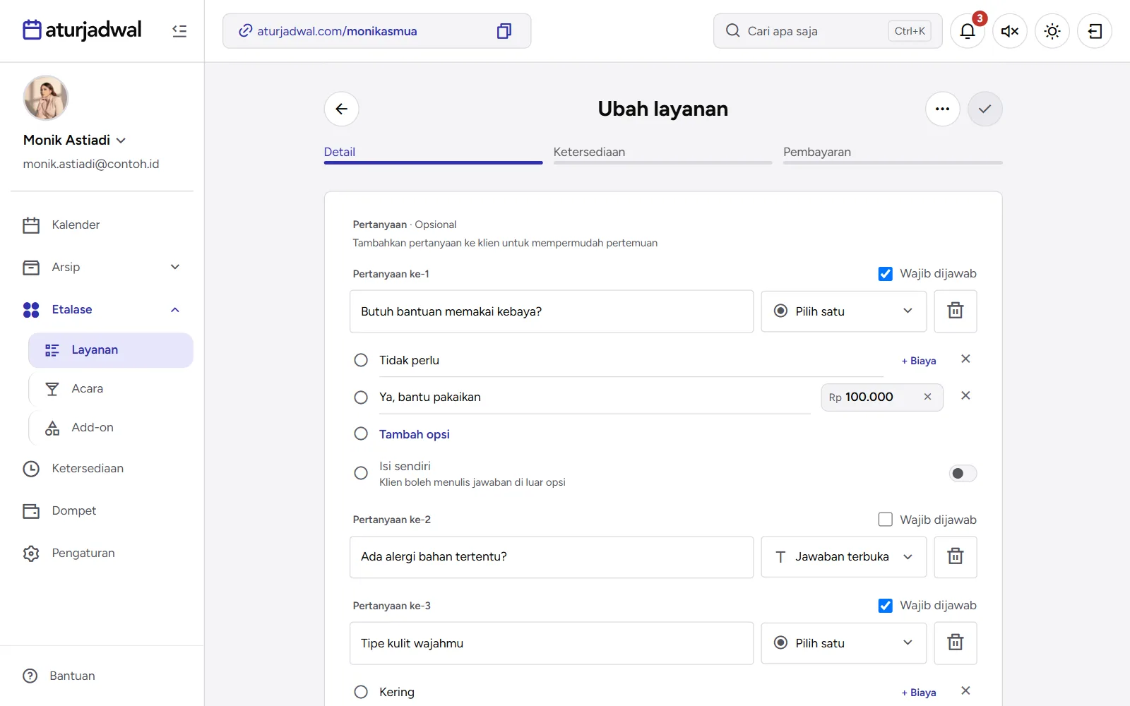 Tangkapan layar: kartu Pertanyaan dengan pertanyaan pilih satu dan opsi berbiaya, tampilan desktop