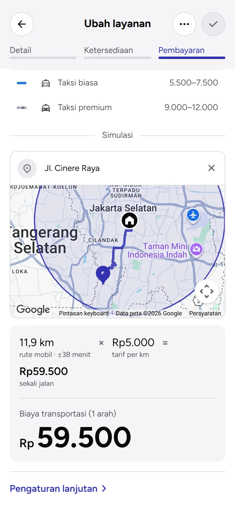 Tangkapan layar: simulasi biaya transportasi dengan rute di peta dan totalnya, tampilan ponsel