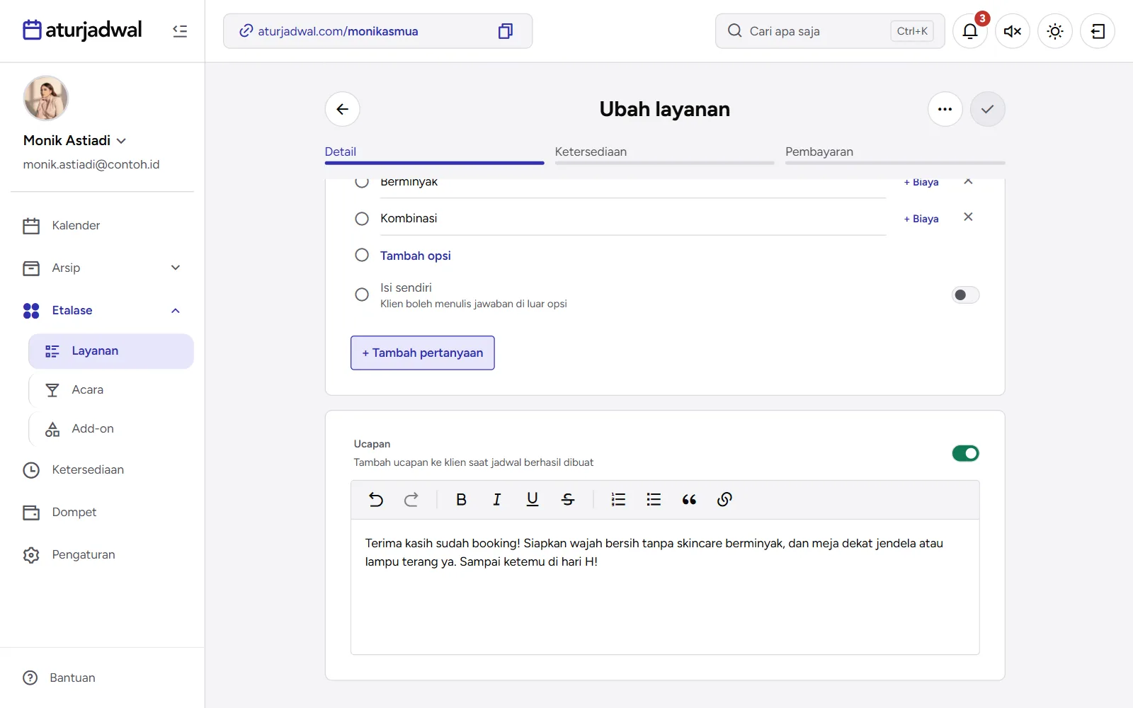 Tangkapan layar: kartu Ucapan menyala dengan pesan untuk klien, tampilan desktop