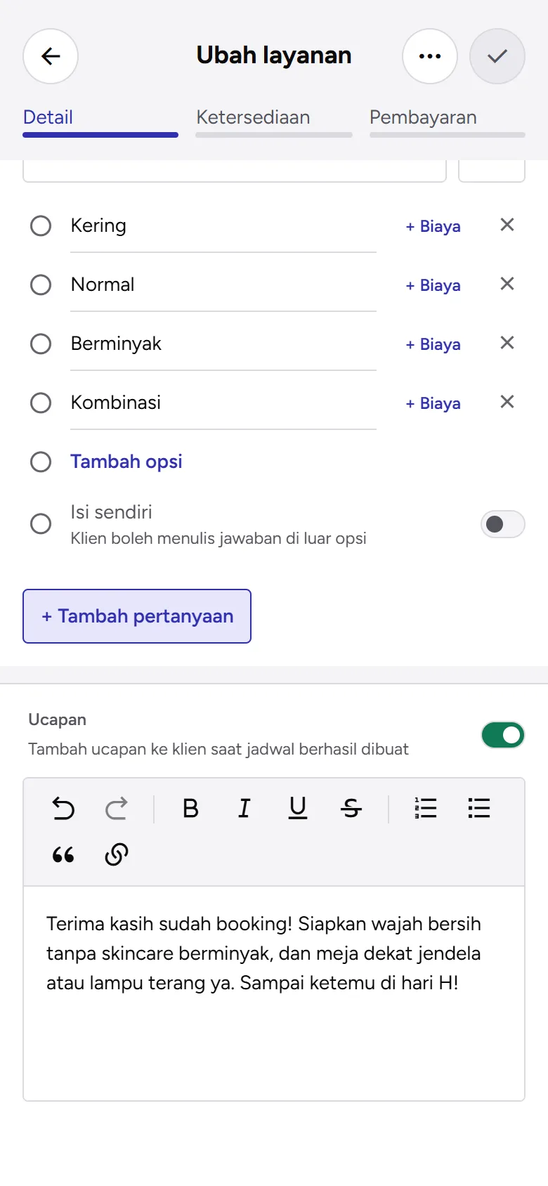 Tangkapan layar: kartu Ucapan menyala dengan pesan untuk klien, tampilan ponsel