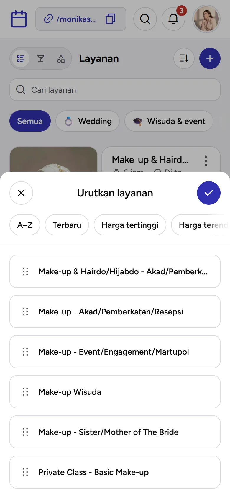 Tangkapan layar: lembar Urutkan layanan, tampilan ponsel