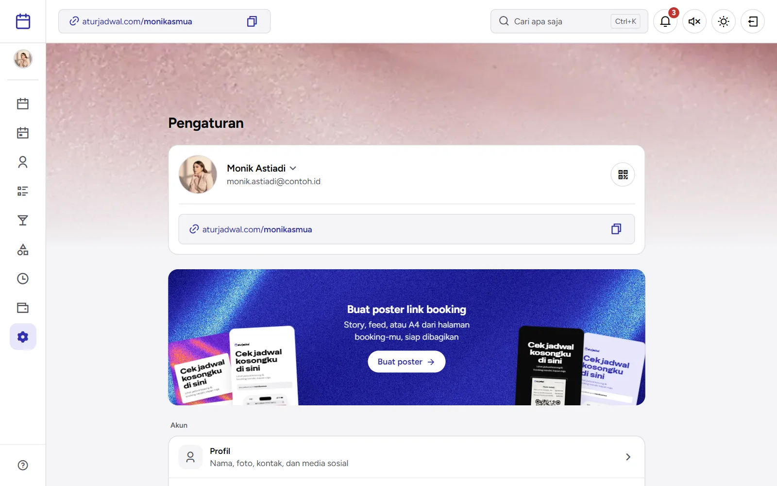 Tangkapan layar: Pengaturan dengan link halaman booking dan tombol Kode QR, tampilan desktop