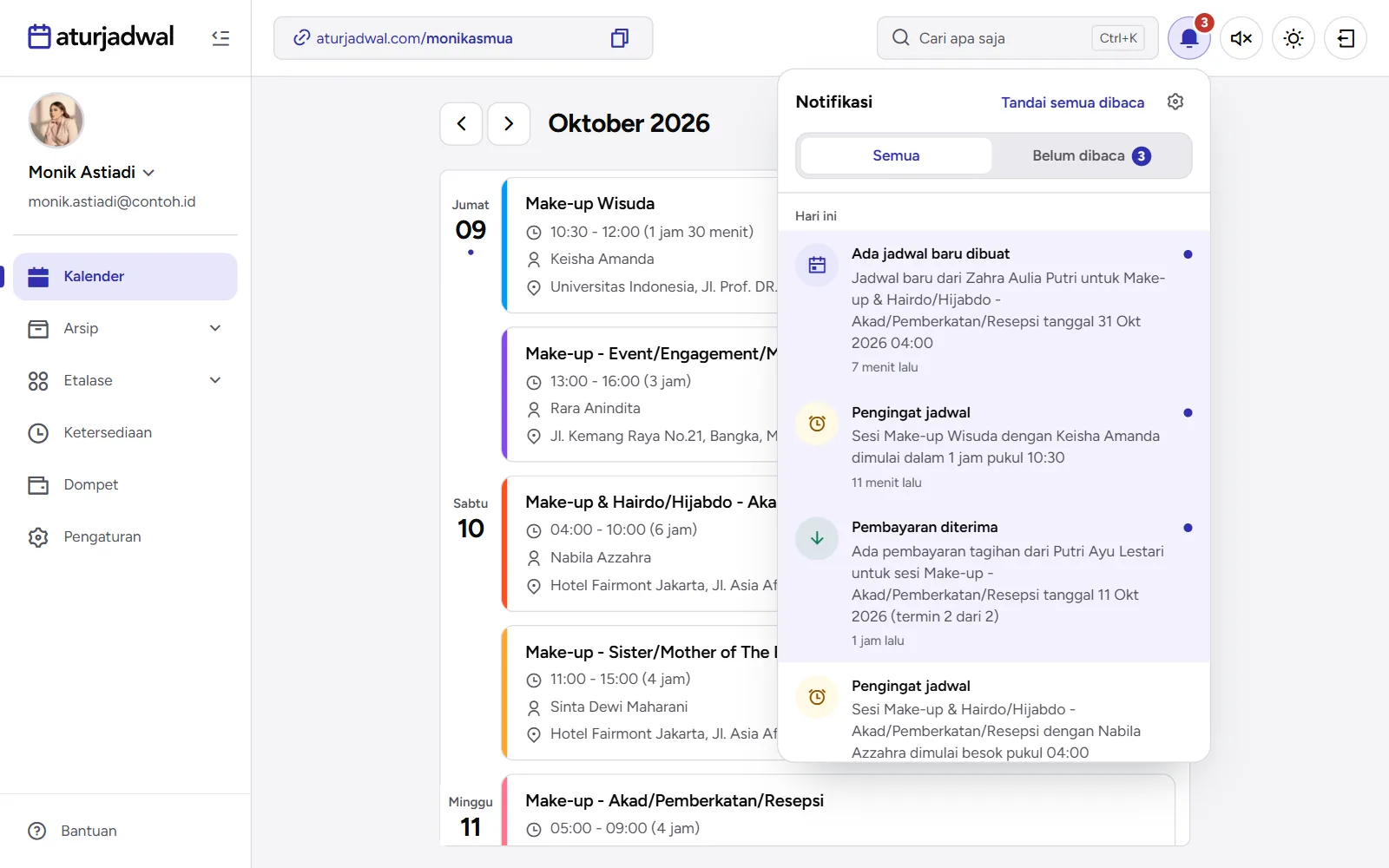 Tangkapan layar: panel Notifikasi terbuka di bawah lonceng, tampilan desktop