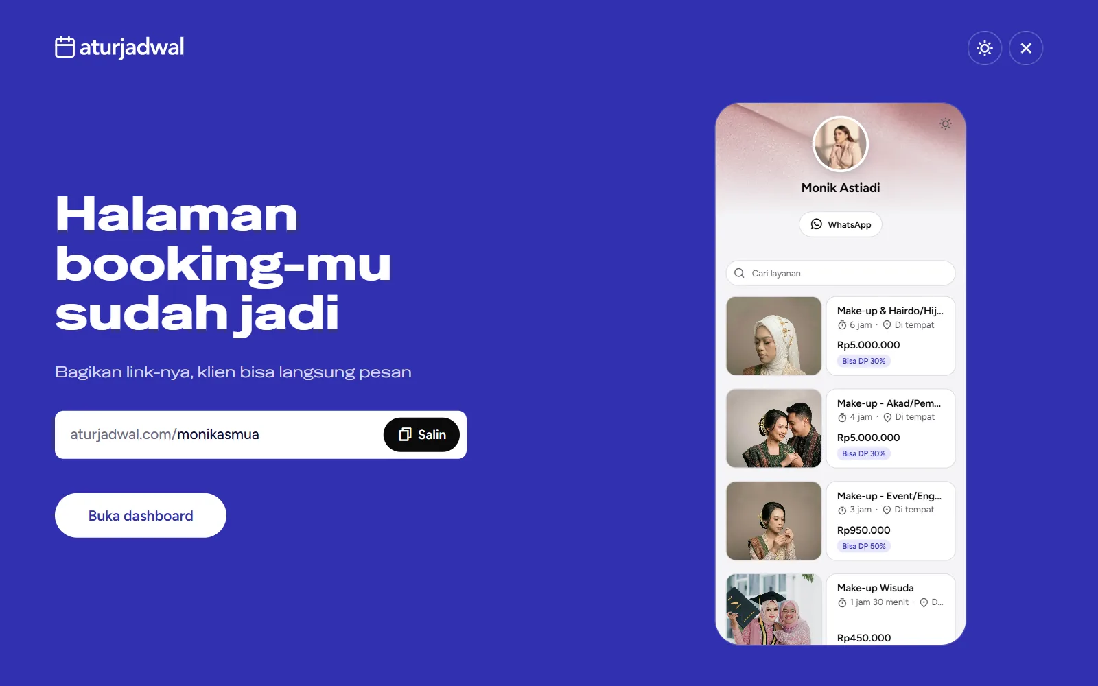 Tangkapan layar: layar Halaman booking-mu sudah jadi dengan link dan tombol Salin, tampilan desktop