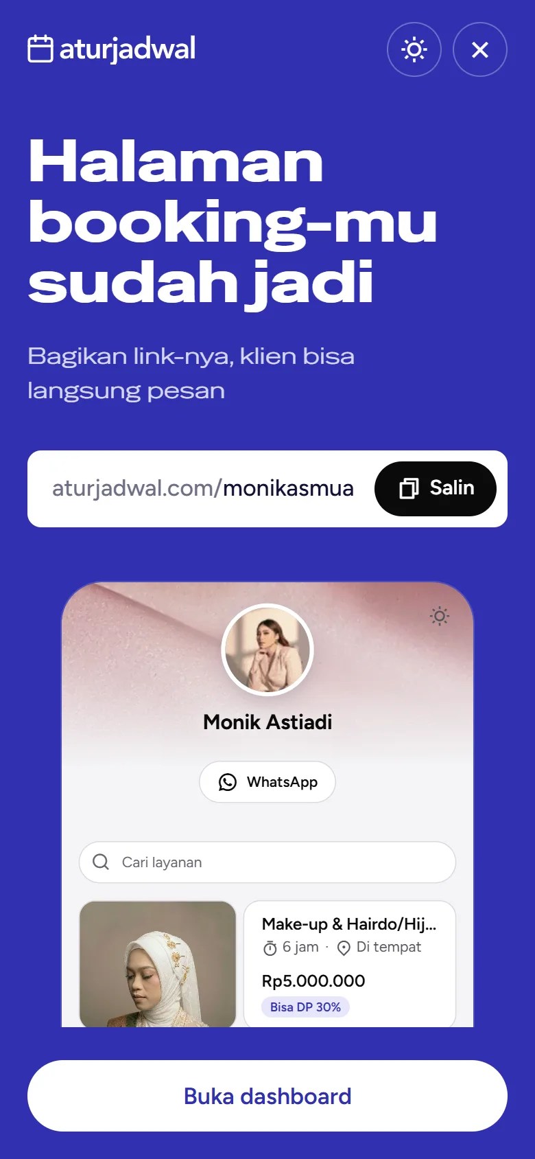 Tangkapan layar: layar Halaman booking-mu sudah jadi dengan link dan tombol Salin, tampilan ponsel