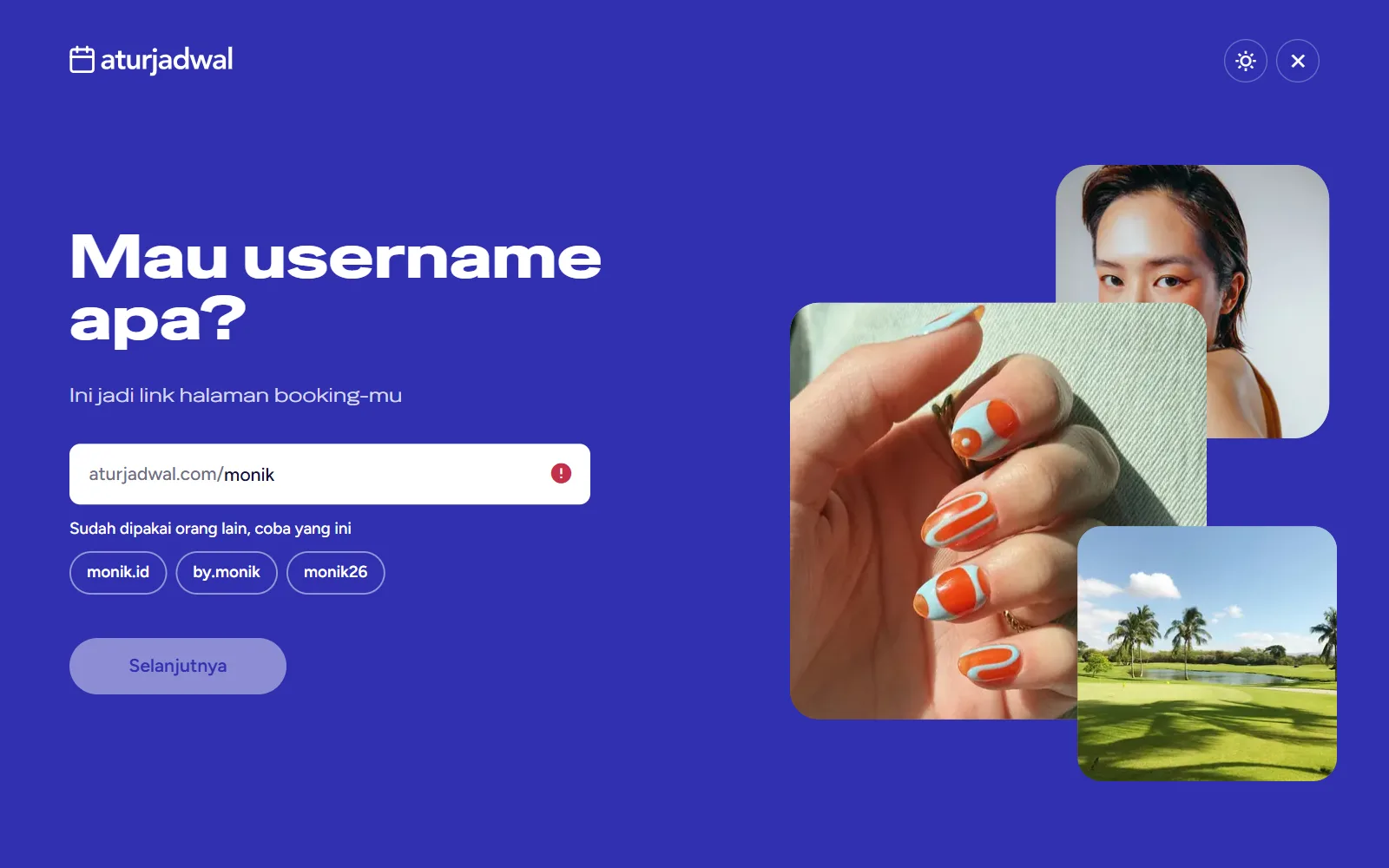 Tangkapan layar: langkah Mau username apa? dengan username yang sudah dipakai dan tiga saran pengganti, tampilan desktop