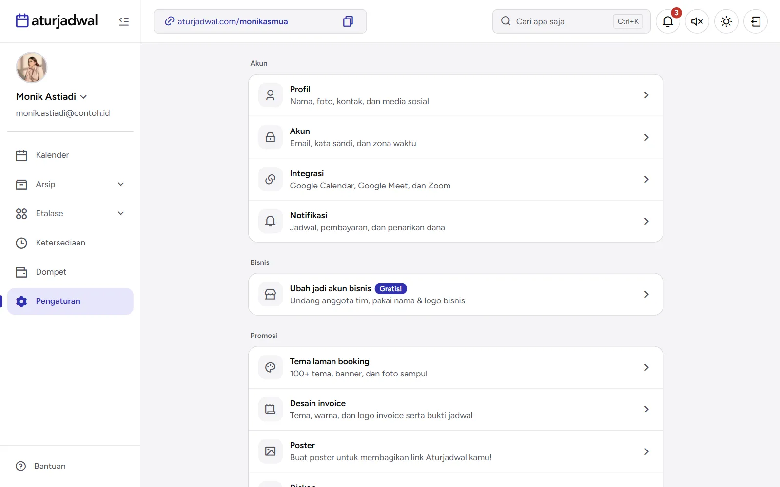 Tangkapan layar: grup menu Pengaturan, tampilan desktop