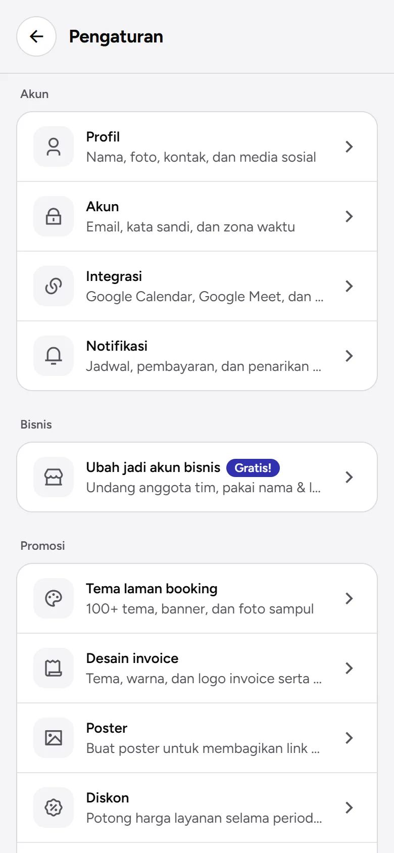 Tangkapan layar: grup menu Pengaturan, tampilan ponsel