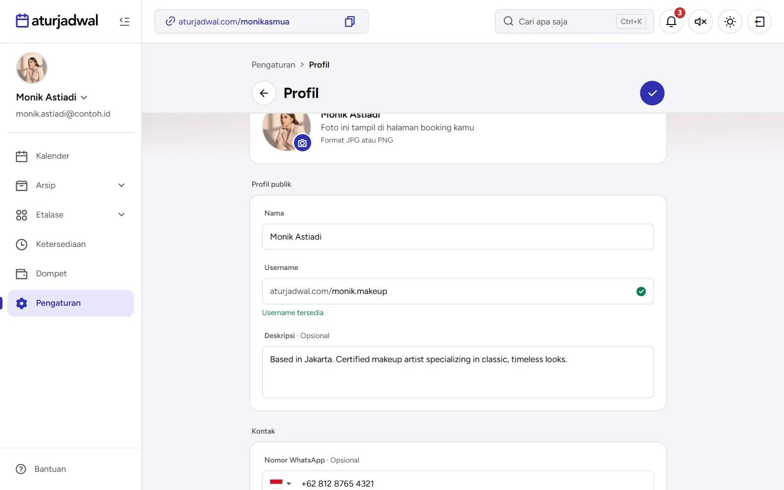 Tangkapan layar: Pengaturan Profil dengan username baru dan keterangan Username tersedia, tampilan desktop