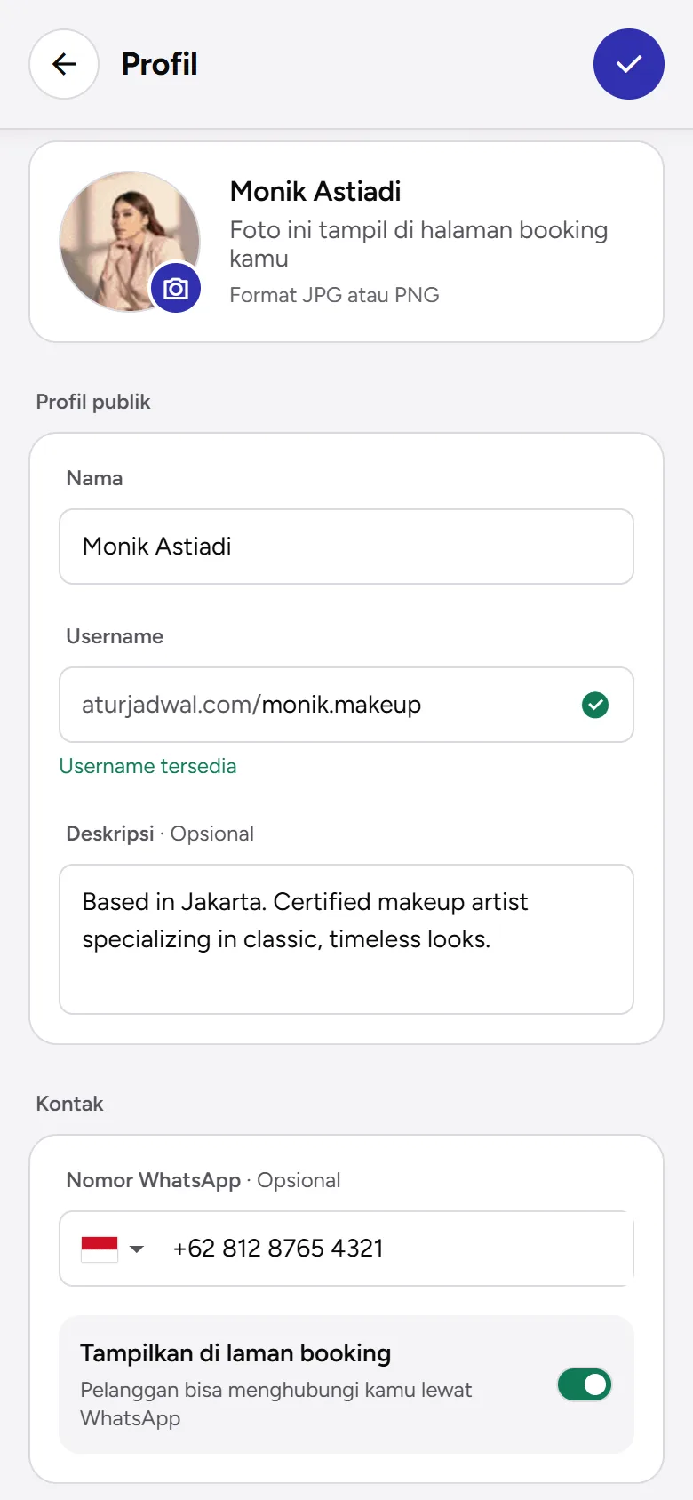 Tangkapan layar: kolom Username dengan keterangan Username tersedia, tampilan ponsel