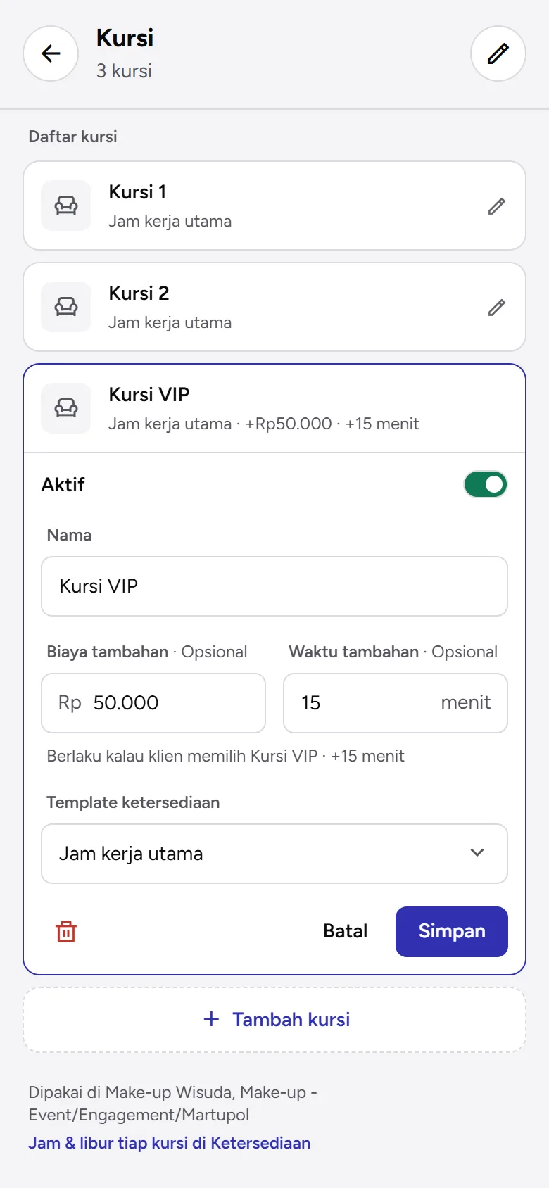 Tangkapan layar: daftar kursi dengan baris Kursi VIP terbuka, tampilan ponsel
