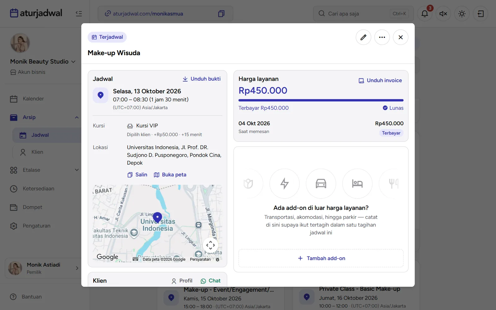 Tangkapan layar: kursi di Detail jadwal, tampilan desktop
