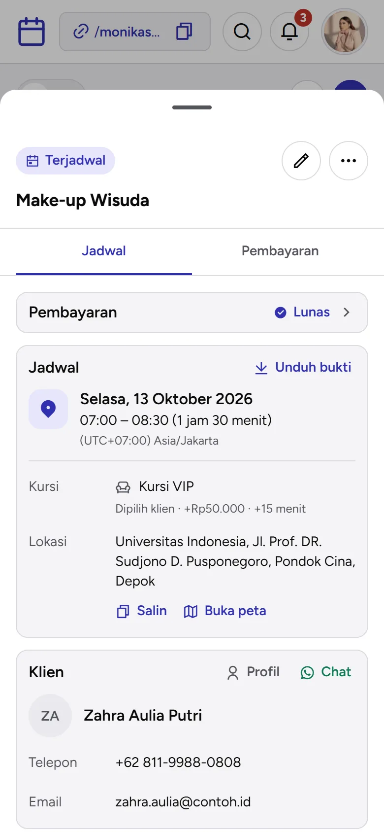 Tangkapan layar: kursi di Detail jadwal, tampilan ponsel