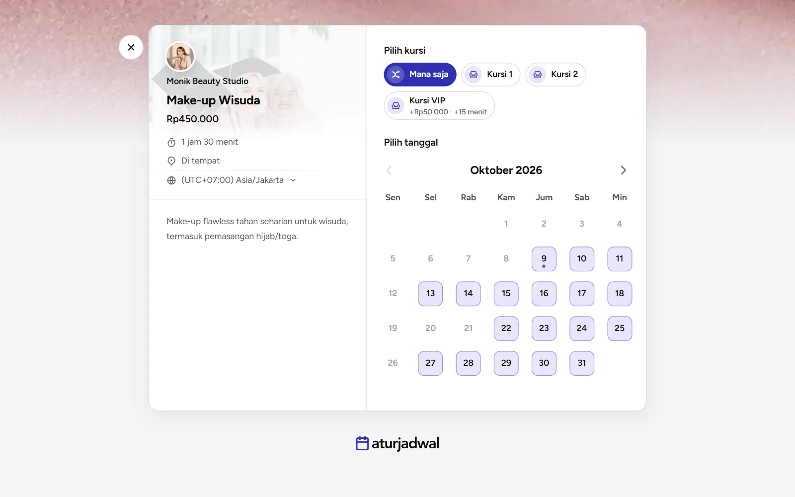 Tangkapan layar: pilihan kursi di halaman booking, tampilan desktop