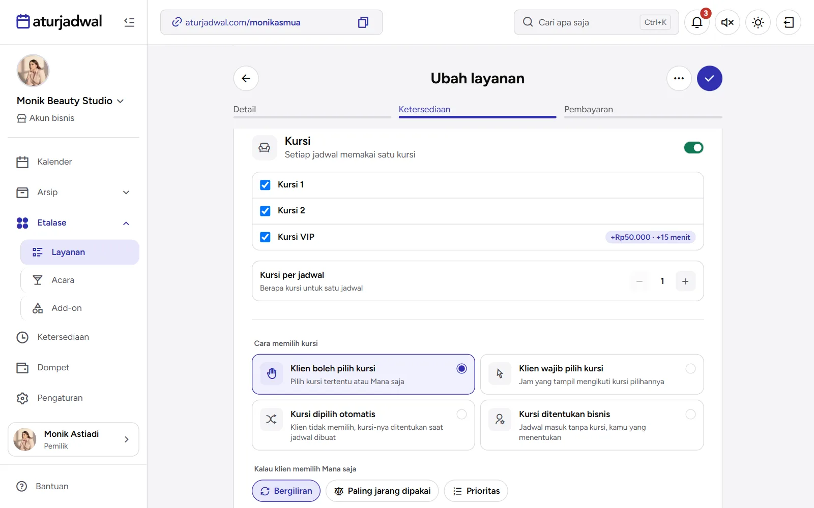 Tangkapan layar: pengaturan kursi di formulir layanan, tampilan desktop