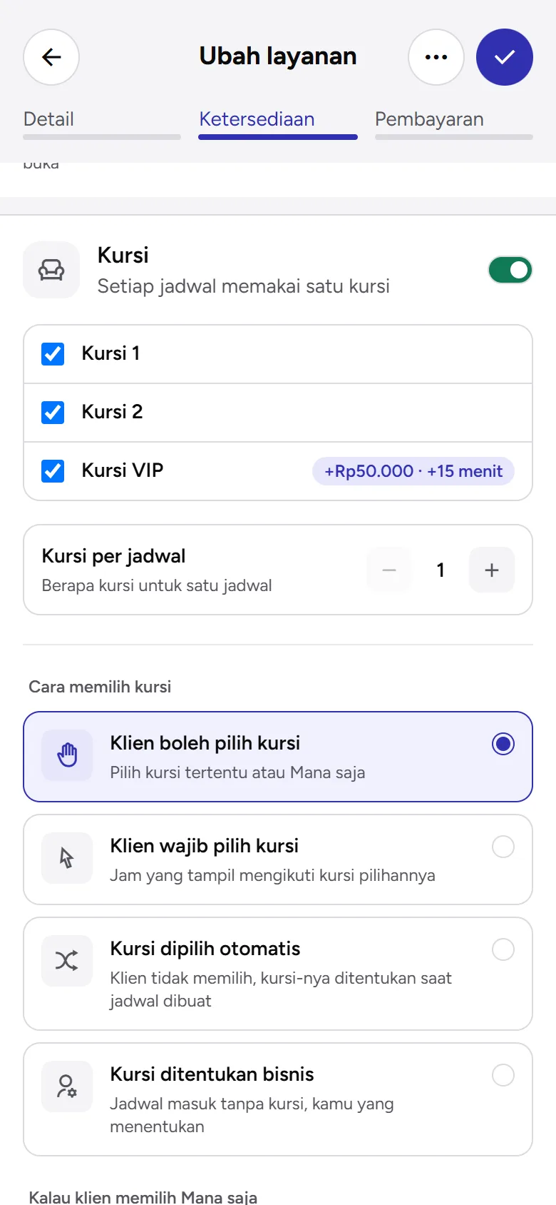 Tangkapan layar: pengaturan kursi di formulir layanan, tampilan ponsel