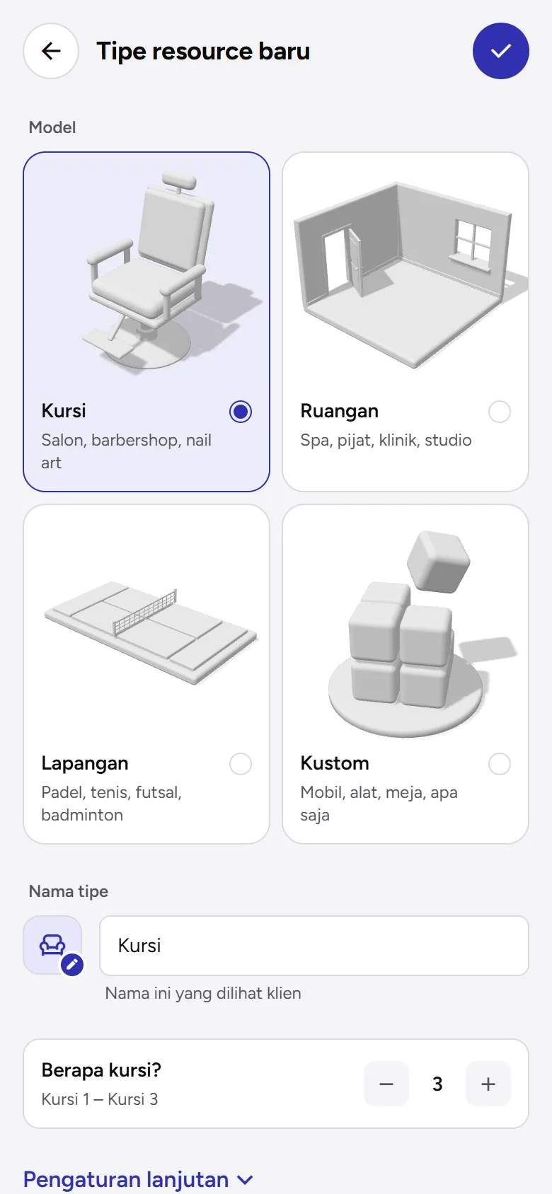 Tangkapan layar: formulir Tipe resource baru dengan model Kursi, tampilan ponsel