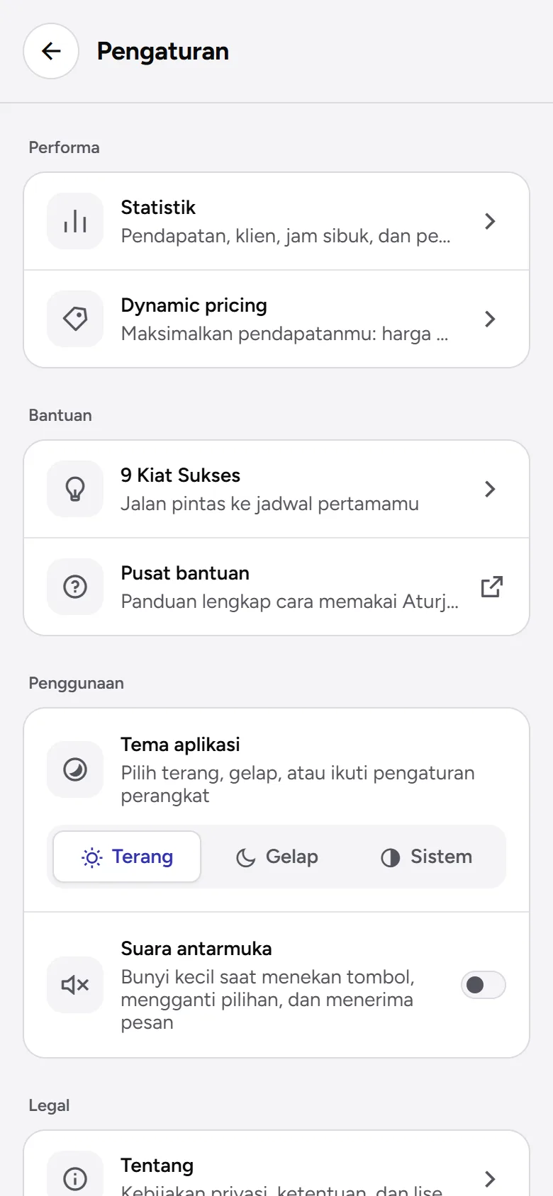 Tangkapan layar: bagian Penggunaan dengan Tema aplikasi dan Suara antarmuka, tampilan ponsel