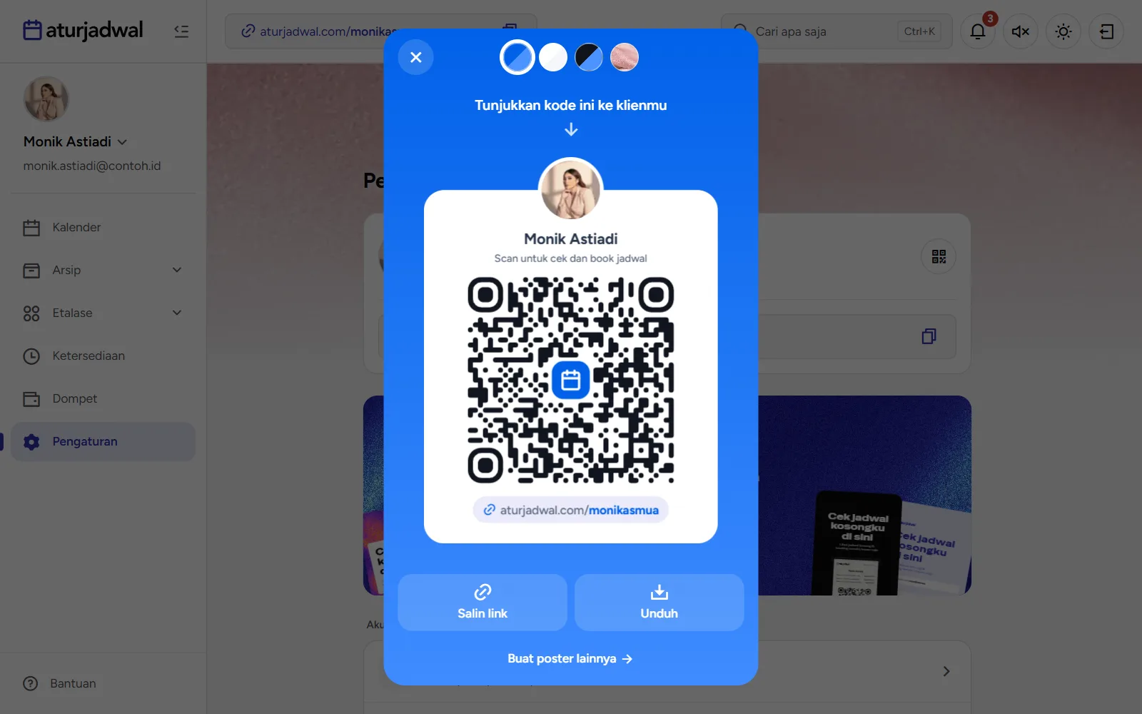 Tangkapan layar: kode QR halaman booking dengan tombol Salin link dan Unduh, tampilan desktop