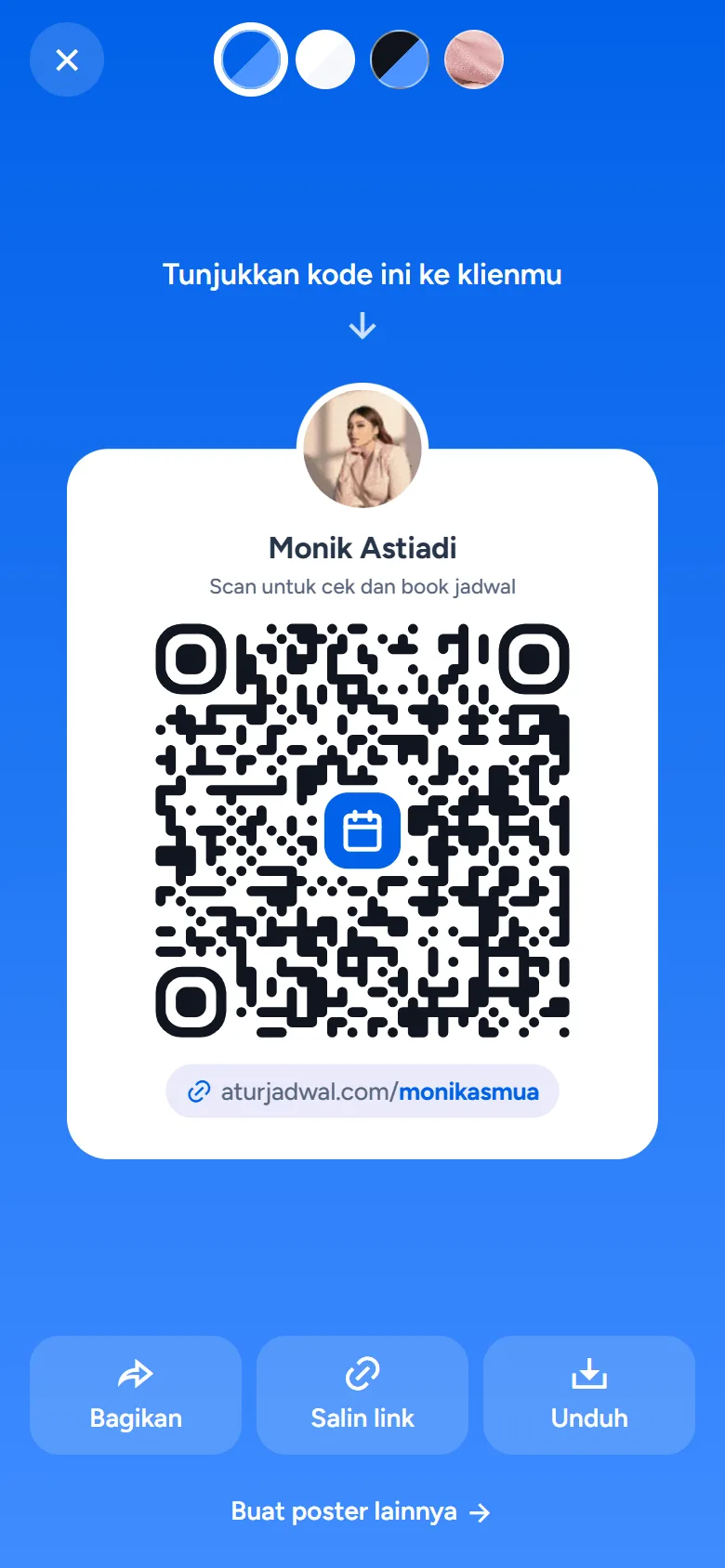Tangkapan layar: kode QR halaman booking dengan tombol Bagikan, Salin link, dan Unduh, tampilan ponsel