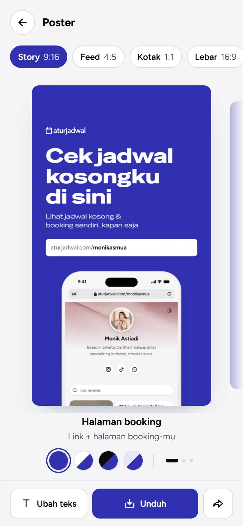 Tangkapan layar: poster Halaman booking ukuran Story, tampilan ponsel