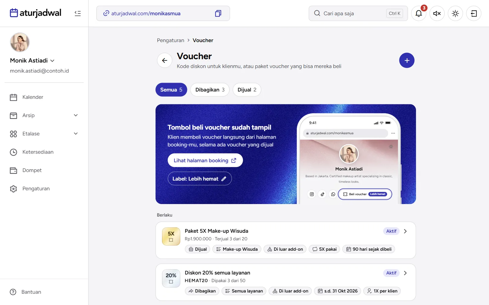 Tangkapan layar: halaman Voucher dengan tab Semua, Dibagikan, Dijual dan banner Tombol beli voucher, tampilan desktop