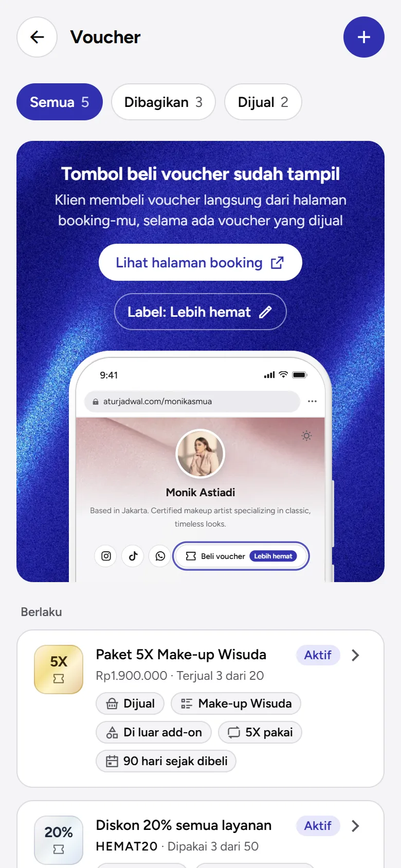 Tangkapan layar: halaman Voucher dengan tab Semua, Dibagikan, Dijual dan banner Tombol beli voucher, tampilan ponsel