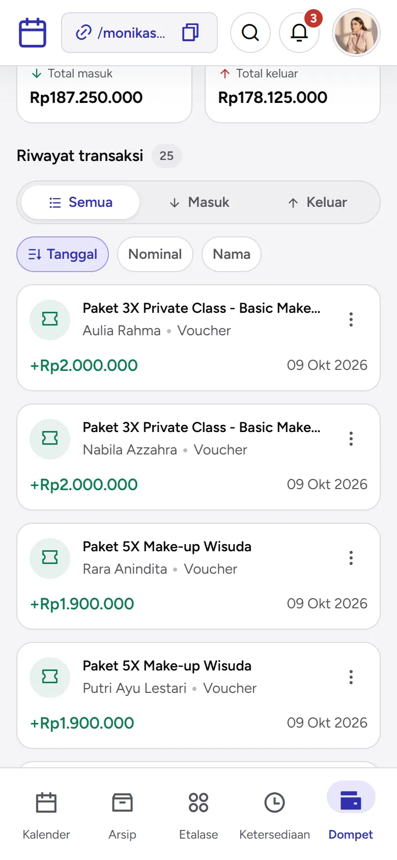 Tangkapan layar: Riwayat transaksi di Dompet dengan baris pembelian voucher, tampilan ponsel