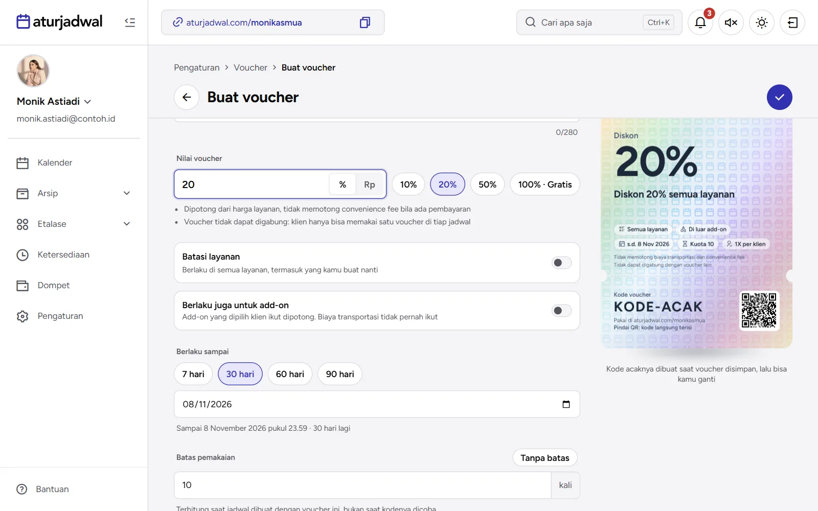 Tangkapan layar: formulir Buat voucher dengan jenis Dibagikan, nilai 20%, pilihan layanan, dan pratinjau kartu perak, tampilan desktop