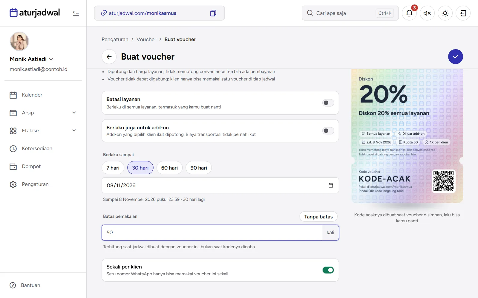 Tangkapan layar: bagian bawah formulir Buat voucher: Berlaku sampai, Batas pemakaian, dan Sekali per klien, tampilan desktop