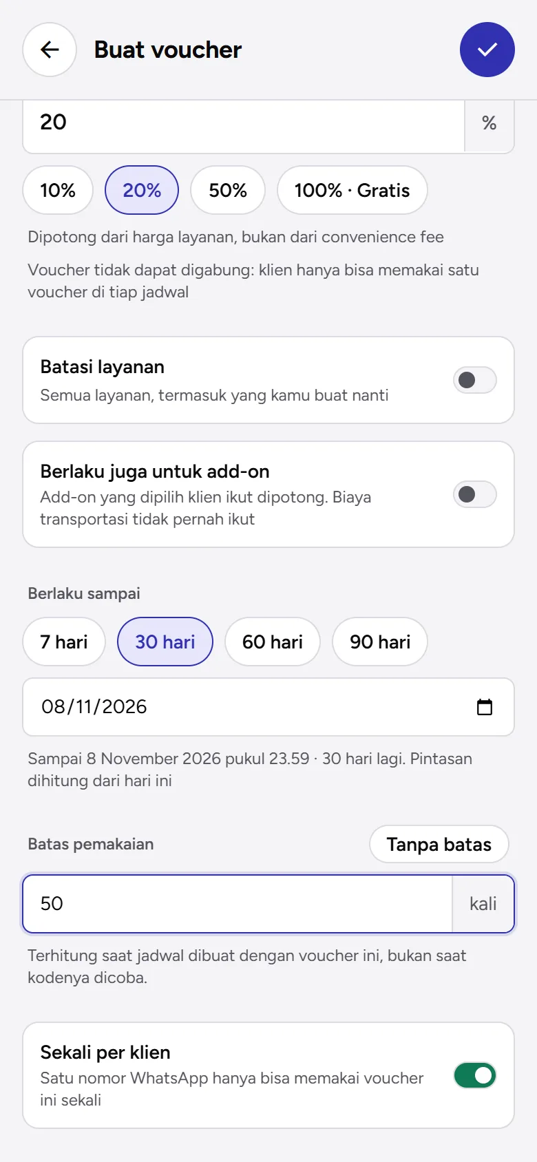 Tangkapan layar: bagian bawah formulir Buat voucher: Berlaku sampai, Batas pemakaian, dan Sekali per klien, tampilan ponsel