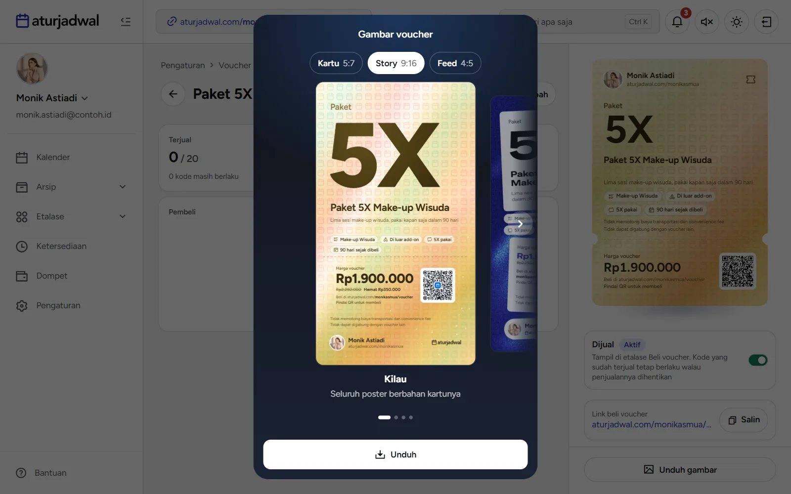 Tangkapan layar: layar Gambar voucher dengan poster Story berdesain Kilau, tampilan desktop
