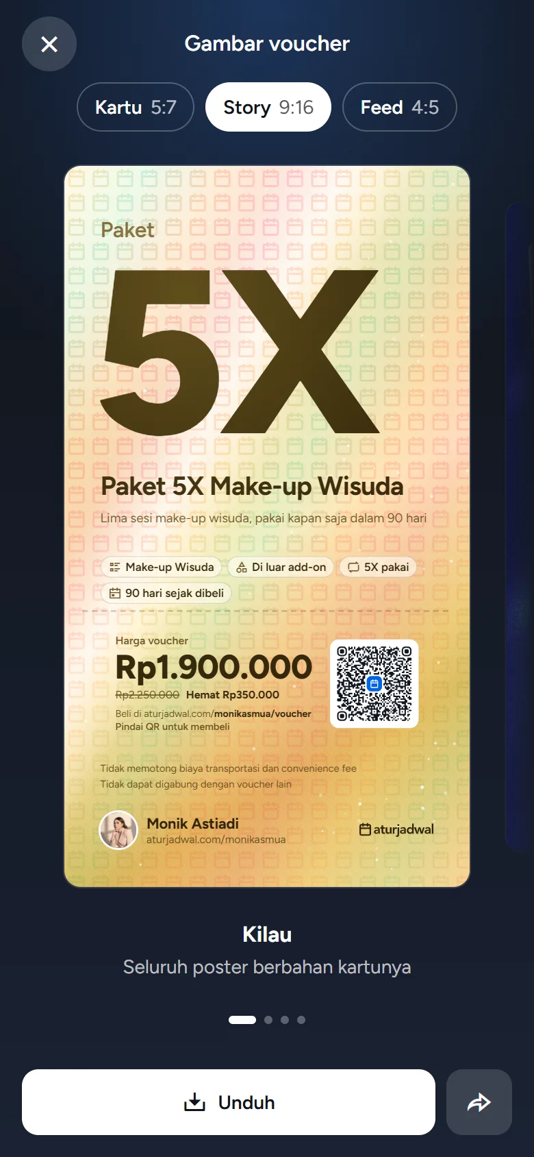 Tangkapan layar: layar Gambar voucher dengan poster Story berdesain Kilau, tampilan ponsel