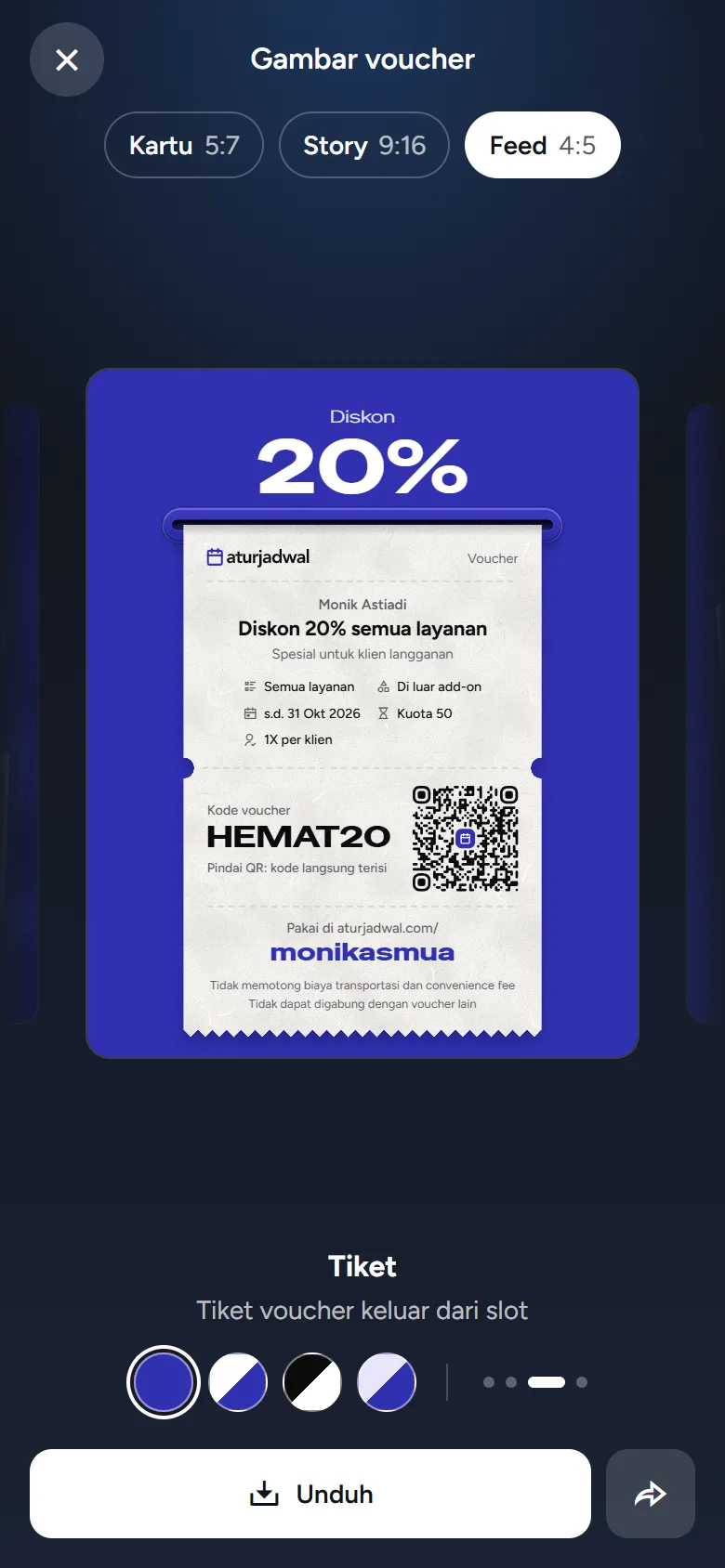 Tangkapan layar: layar Gambar voucher dengan poster Feed berdesain Tiket, tampilan ponsel