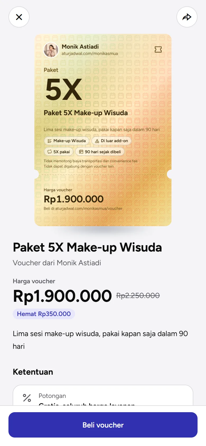 Tangkapan layar: halaman satu voucher dengan kartu emas, harga, dan tombol Beli voucher, tampilan ponsel