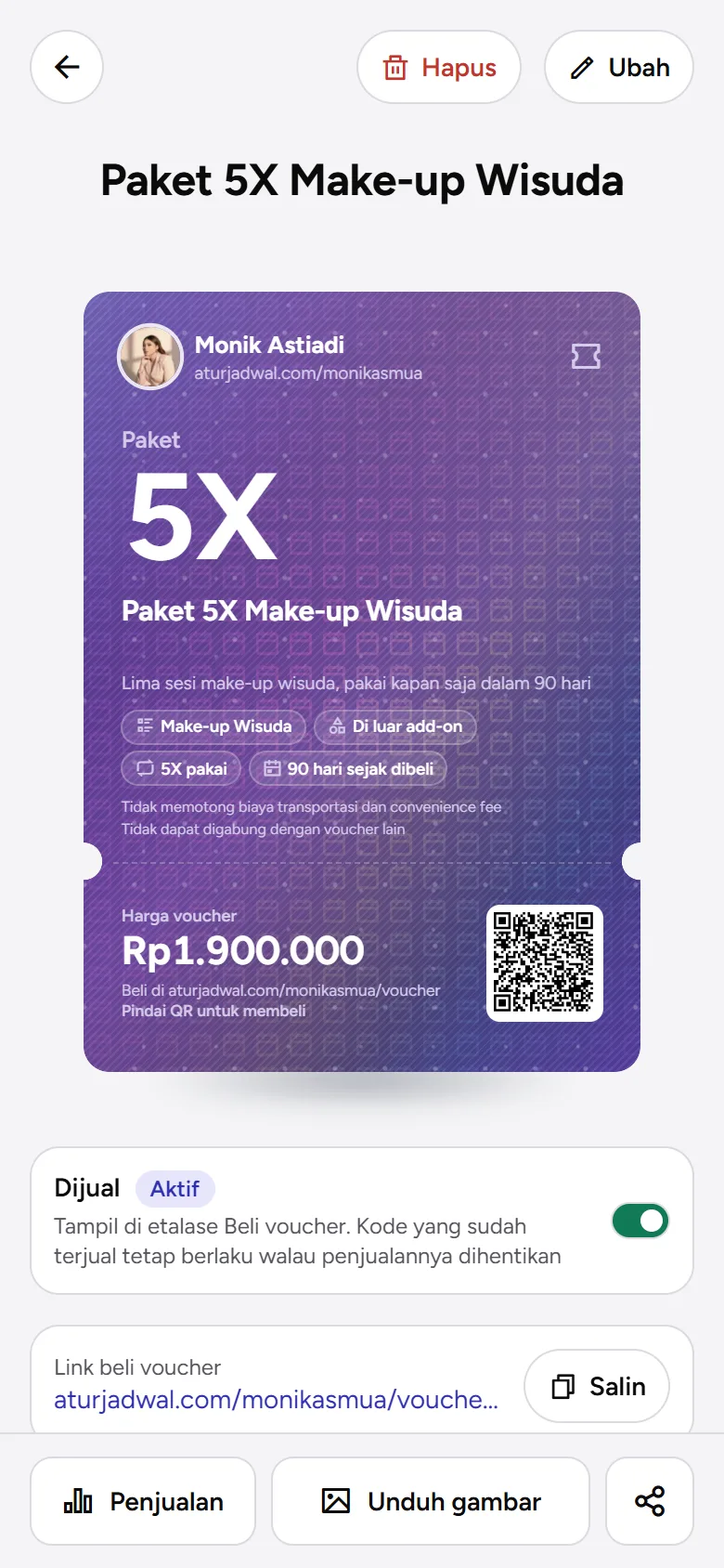 Tangkapan layar: detail voucher dijual di akun bertema Lavender dengan kartu yang dicat dari warna tema, tampilan ponsel