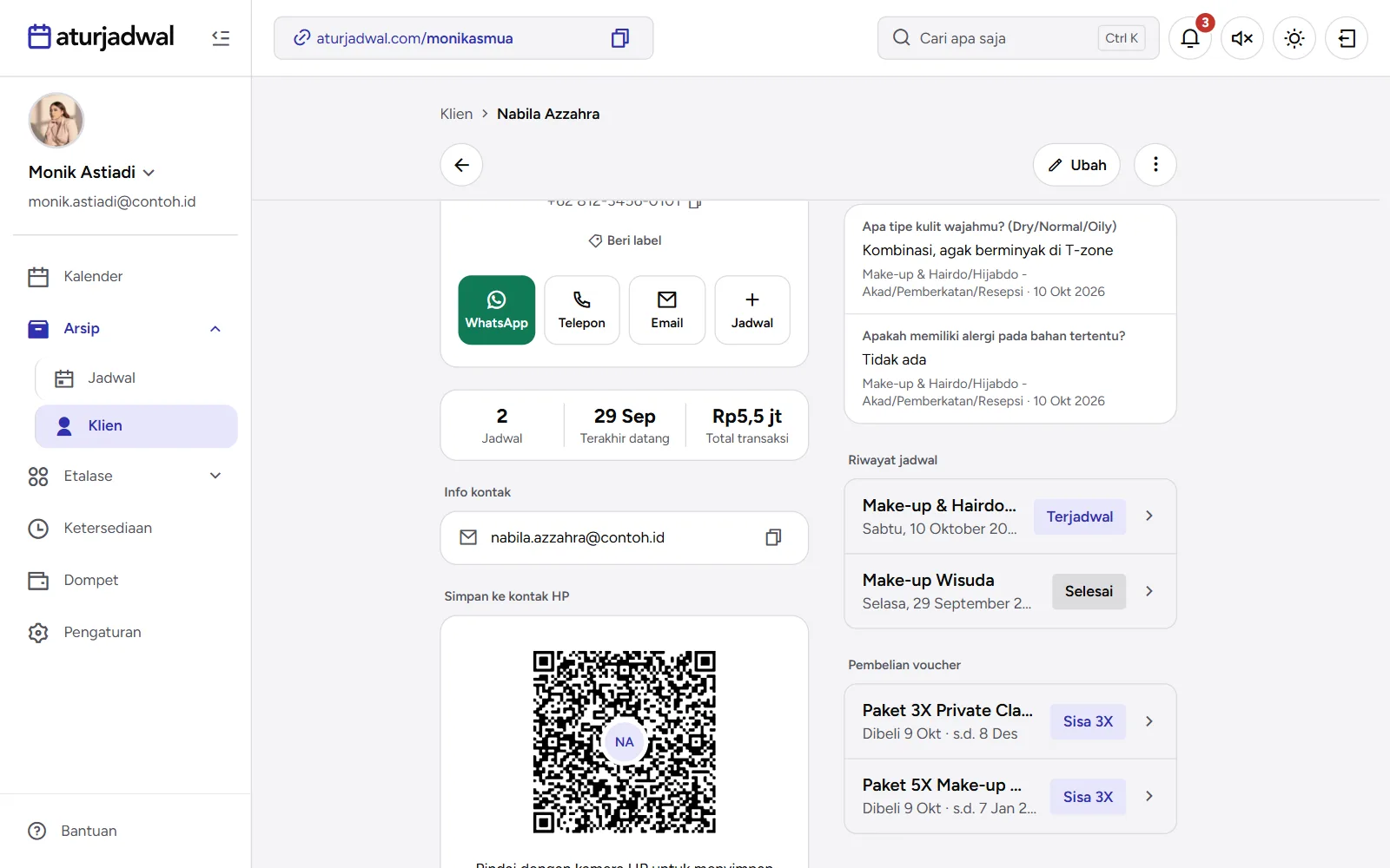 Tangkapan layar: profil klien dengan bagian Pembelian voucher, tampilan desktop