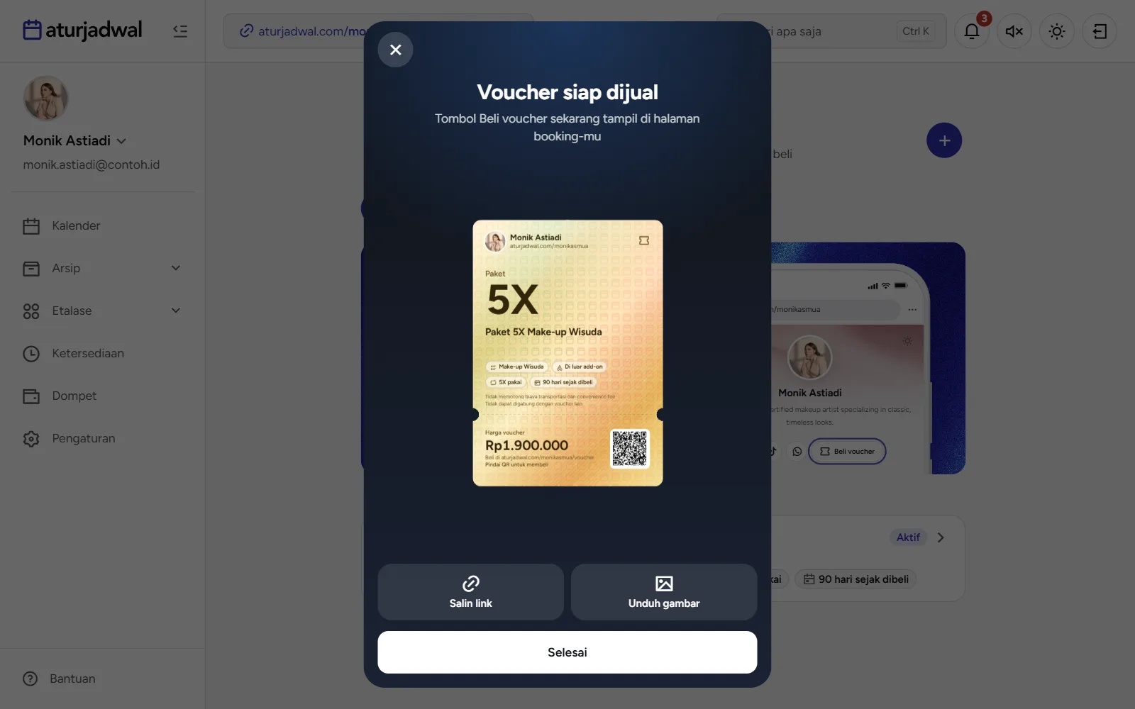 Tangkapan layar: layar Voucher siap dijual dengan kartu emas dan tombol Salin link atau Bagikan, tampilan desktop