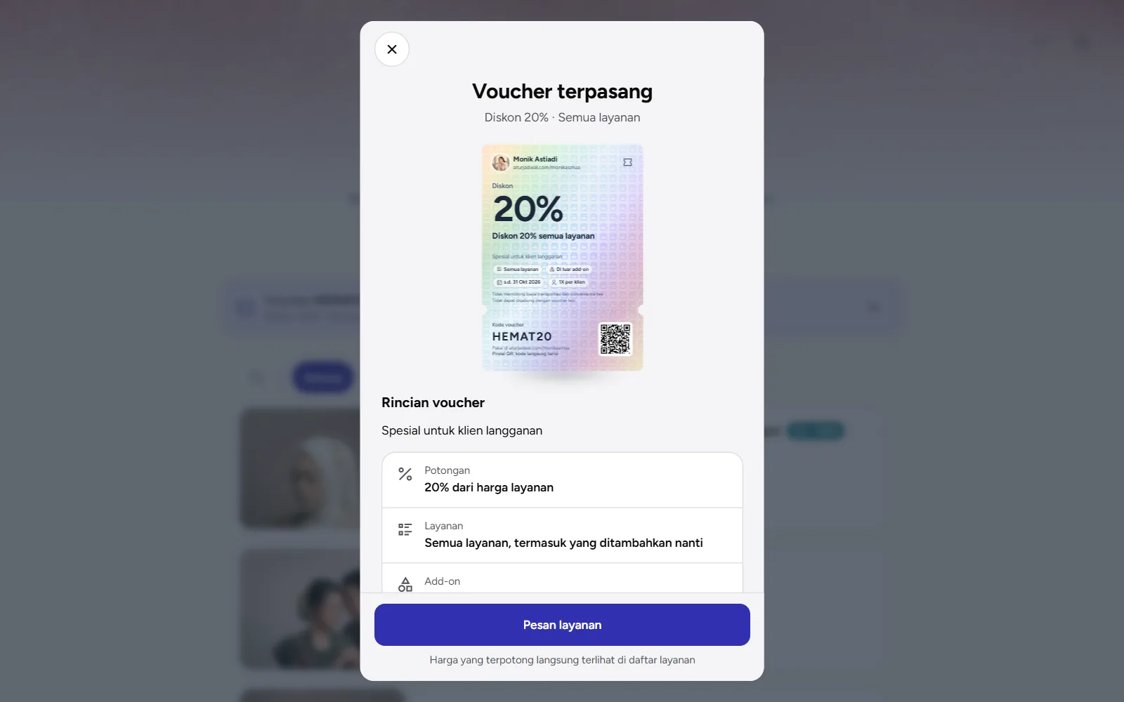 Tangkapan layar: layar Voucher terpasang yang dilihat klien setelah memasukkan kode, tampilan desktop