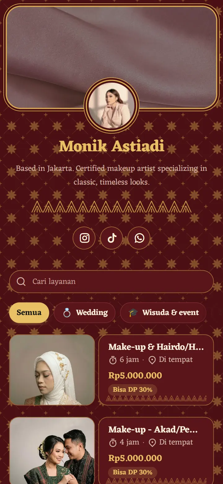 Contoh halaman booking make-up artist dengan tema Songket